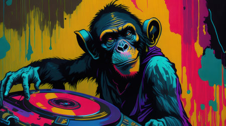 A vibrant and energetic monkey DJ listens to his vinyl records in this stunning digital image. The graphic is created in the style of a palette knife painting, with bold strokes and bright colors. With its nod to audio-visual installations, stonepunk, and nightcore, this image is perfect for music lovers and art enthusiasts alike.の素材