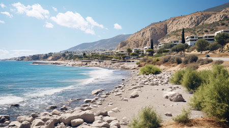 A photorealistic image of a beautiful landscape in Cyprus with crystal clear waters, perfect for surfing. The bright sun is shining down on the ocean, creating golden reflections on the waves. The cinematic quality of the image makes you feel like you're right there, feeling the wind in your hair and the sand between your toes.の素材