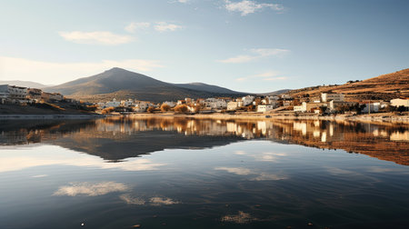 A photorealistic image of a beautiful landscape in Cyprus with crystal clear waters, perfect for surfing. The bright sun is shining down on the ocean, creating golden reflections on the waves. The cinematic quality of the image makes you feel like you're right there, feeling the wind in your hair and the sand between your toes.の素材