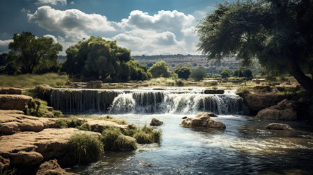 A photorealistic image of a beautiful landscape in Cyprus with crystal clear waters, perfect for surfing. The bright sun is shining down on the ocean, creating golden reflections on the waves. The cinematic quality of the image makes you feel like you're right there, feeling the wind in your hair and the sand between your toes.の素材