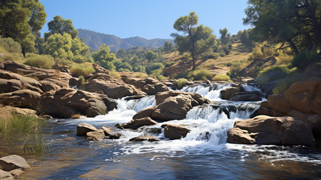 A photorealistic image of a beautiful landscape in Cyprus with crystal clear waters, perfect for surfing. The bright sun is shining down on the ocean, creating golden reflections on the waves. The cinematic quality of the image makes you feel like you're right there, feeling the wind in your hair and the sand between your toes.の素材