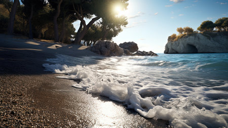 A photorealistic image of a beautiful landscape in Cyprus with crystal clear waters, perfect for surfing. The bright sun is shining down on the ocean, creating golden reflections on the waves. The cinematic quality of the image makes you feel like you're right there, feeling the wind in your hair and the sand between your toes.の素材