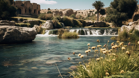 A photorealistic image of a beautiful landscape in Cyprus with crystal clear waters, perfect for surfing. The bright sun is shining down on the ocean, creating golden reflections on the waves. The cinematic quality of the image makes you feel like you're right there, feeling the wind in your hair and the sand between your toes.の素材