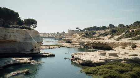 A photorealistic image of a beautiful landscape in Cyprus with crystal clear waters, perfect for surfing. The bright sun is shining down on the ocean, creating golden reflections on the waves. The cinematic quality of the image makes you feel like you're right there, feeling the wind in your hair and the sand between your toes.の素材