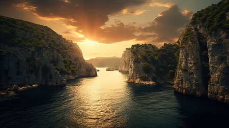 A photorealistic image of a beautiful landscape in Cyprus with crystal clear waters, perfect for surfing. The bright sun is shining down on the ocean, creating golden reflections on the waves. The cinematic quality of the image makes you feel like you're right there, feeling the wind in your hair and the sand between your toes.の素材