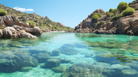 A photorealistic image of a beautiful landscape in Cyprus with crystal clear waters, perfect for surfing. The bright sun is shining down on the ocean, creating golden reflections on the waves. The cinematic quality of the image makes you feel like you're right there, feeling the wind in your hair and the sand between your toes.の素材