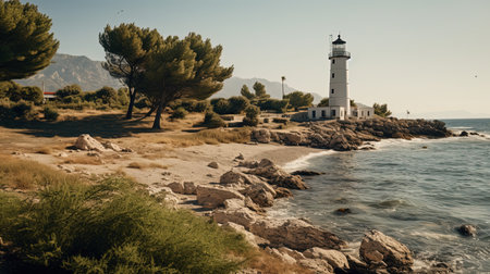 A photorealistic image of a beautiful landscape in Cyprus with crystal clear waters, perfect for surfing. The bright sun is shining down on the ocean, creating golden reflections on the waves. The cinematic quality of the image makes you feel like you're right there, feeling the wind in your hair and the sand between your toes.の素材