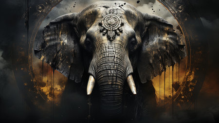 This stunning digital image features a breathtaking gray scale mandala of an elephant, surrounded by a circle on a white background. Inspired by artgerm, the dark painting style gives it a motion blur panorama effect. The graffiti-inspired animals and translucent immersion make this image one of a kind. The master of the spray paint has outdone himself with this mandala themed work of art.の素材