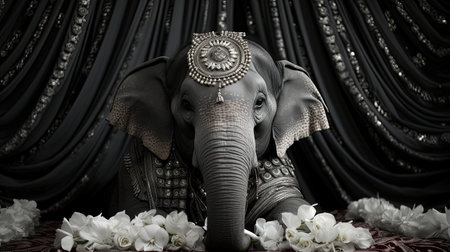 This stunning digital image features a breathtaking gray scale mandala of an elephant, surrounded by a circle on a white background. Inspired by artgerm, the dark painting style gives it a motion blur panorama effect. The graffiti-inspired animals and translucent immersion make this image one of a kind. The master of the spray paint has outdone himself with this mandala themed work of art.の素材