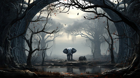 This stunning digital image features a breathtaking gray scale mandala of an elephant, surrounded by a circle on a white background. Inspired by artgerm, the dark painting style gives it a motion blur panorama effect. The graffiti-inspired animals and translucent immersion make this image one of a kind. The master of the spray paint has outdone himself with this mandala themed work of art.の素材