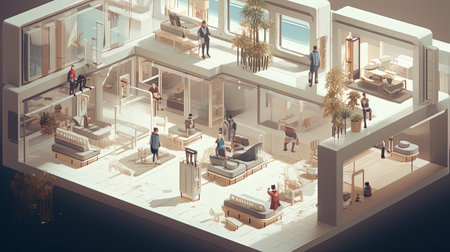 A serene and peaceful haven nestled in the midst of detailed isometric landscape that exudes tranquility and warmth. The natural lighting casts a warm glow over the landscape, painting the scenery in a beautiful golden hue. A perfect representation of nature's beauty and tranquility.の素材