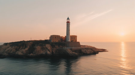 This breathtaking image captures the beauty of a lighthouse amidst a stunning landscape. The lighthouse stands tall and proud, a beacon of hope for all those who traverse the sea. The sky overhead is a brilliant shade of orange and pink, showing the natural beauty of the world around us.の素材
