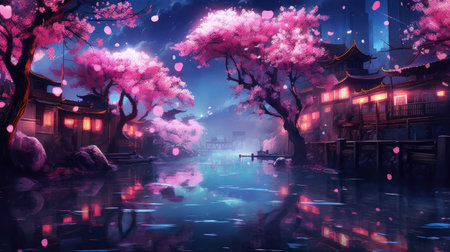 A beautiful digital image capturing the essence of spring in Japan. The soft pink petals of the cherry blossom trees are mirrored in the calm waters below, creating a serene and peaceful scene. This image is perfect for adding a touch of tranquility to any space.の素材