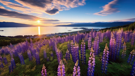 Explore the beauty of Norway with the vibrant purple lupine fields contrasting against the deep blue fjord and cloudy sky. Let this image inspire you to travel and discover the wonders of nature.の素材