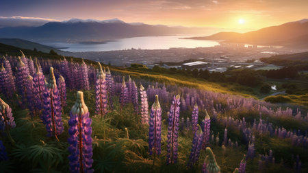 Explore the beauty of Norway with the vibrant purple lupine fields contrasting against the deep blue fjord and cloudy sky. Let this image inspire you to travel and discover the wonders of nature.の素材