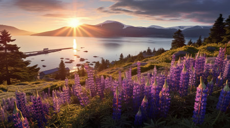 Explore the beauty of Norway with the vibrant purple lupine fields contrasting against the deep blue fjord and cloudy sky. Let this image inspire you to travel and discover the wonders of nature.の素材