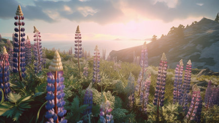 Explore the beauty of Norway with the vibrant purple lupine fields contrasting against the deep blue fjord and cloudy sky. Let this image inspire you to travel and discover the wonders of nature.の素材