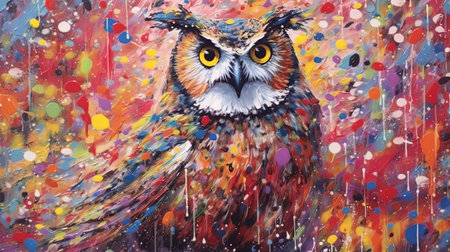 A colorful depiction of an owl painted in palette knife style, set against a starry night sky. The vibrant colors used in this painting represent the beauty and wonder of nature. This image would make a great addition to any nature lover's collection.の素材