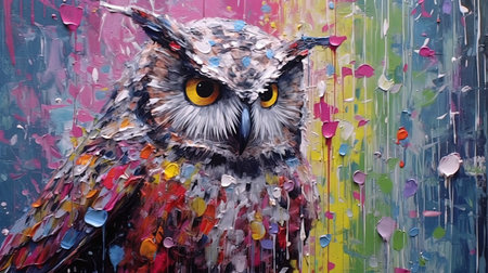 A colorful depiction of an owl painted in palette knife style, set against a starry night sky. The vibrant colors used in this painting represent the beauty and wonder of nature. This image would make a great addition to any nature lover's collection.の素材