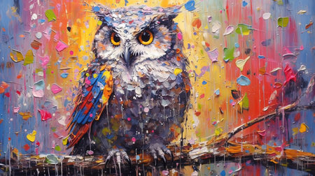 A colorful depiction of an owl painted in palette knife style, set against a starry night sky. The vibrant colors used in this painting represent the beauty and wonder of nature. This image would make a great addition to any nature lover's collection.の素材