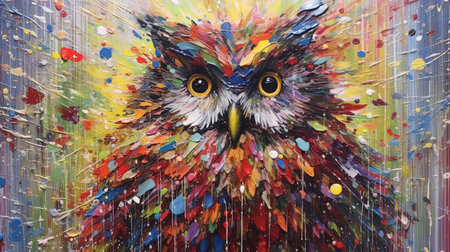 A colorful depiction of an owl painted in palette knife style, set against a starry night sky. The vibrant colors used in this painting represent the beauty and wonder of nature. This image would make a great addition to any nature lover's collection.の素材