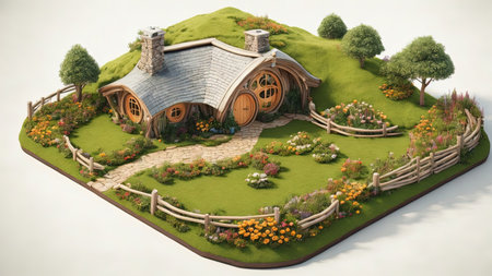 Escape to a whimsical retreat in the woods with this beautiful 2.5D isometric style rendering of a hobbit house surrounded by a vibrant floral meadow.の素材