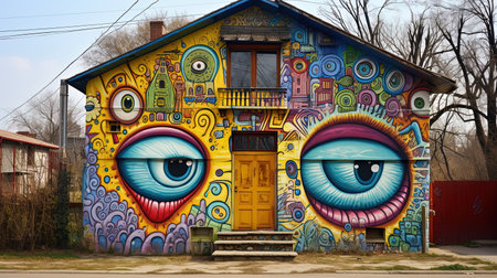 A vibrant and creative entrance to a house decorated with colorful graffiti street art. The bold and striking colors of the graffiti against the neutral background create a visually stunning contrast. This image is perfect for those looking to add a touch of creativity and individuality to their living space.の素材