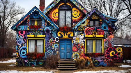 A vibrant and creative entrance to a house decorated with colorful graffiti street art. The bold and striking colors of the graffiti against the neutral background create a visually stunning contrast. This image is perfect for those looking to add a touch of creativity and individuality to their living space.の素材