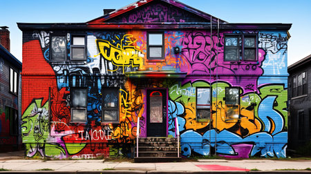 A vibrant and creative entrance to a house decorated with colorful graffiti street art. The bold and striking colors of the graffiti against the neutral background create a visually stunning contrast. This image is perfect for those looking to add a touch of creativity and individuality to their living space.の素材