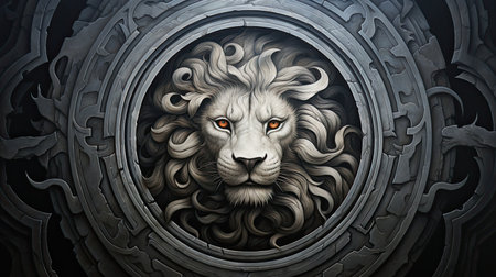 A beautiful and intricate mandala of a lion's head, featuring a swirling spiral. This black and white image is perfect for those who appreciate naturalist art and the intricate details of mandalas.の素材