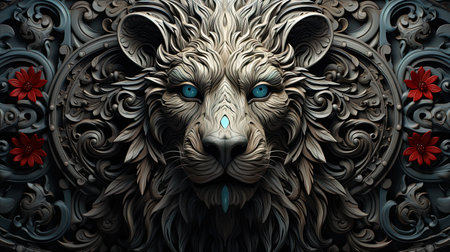 A beautiful and intricate mandala of a lion's head, featuring a swirling spiral. This black and white image is perfect for those who appreciate naturalist art and the intricate details of mandalas.の素材