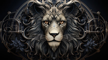 A beautiful and intricate mandala of a lion's head, featuring a swirling spiral. This black and white image is perfect for those who appreciate naturalist art and the intricate details of mandalas.の素材