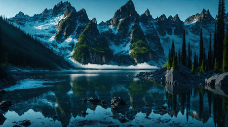 This stunning digital image captures the beauty of a green lake covered in moss, surrounded by majestic mountains basked in the warm rays of the midday sun. Let the tranquility of this serene scene wash over you and transport you to a peaceful place far away from the hustle and bustle of everyday life. Perfect for use as a desktop or phone wallpaper or for printing and framing as a beautiful piece of art.の素材