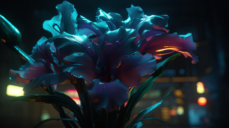 Let the vibrant neon colors of this flower artwork spark your imagination and fill your dreams with brightness. The semi-transparent glass effect adds an extra layer of depth and intrigue.の素材