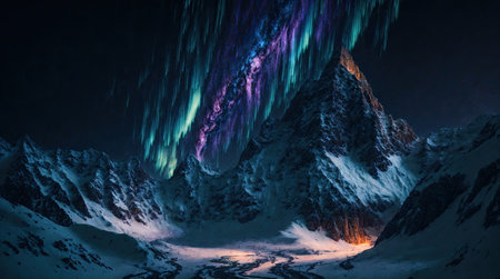 Experience the breathtaking beauty of nature with this stunning image of snow-capped mountains and a shimmering aurora borealis in the night sky. Let the peacefulness of this majestic landscape inspire you to explore the world around you.の素材
