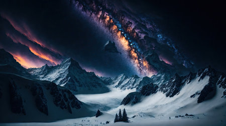 Experience the breathtaking beauty of nature with this stunning image of snow-capped mountains and a shimmering aurora borealis in the night sky. Let the peacefulness of this majestic landscape inspire you to explore the world around you.の素材