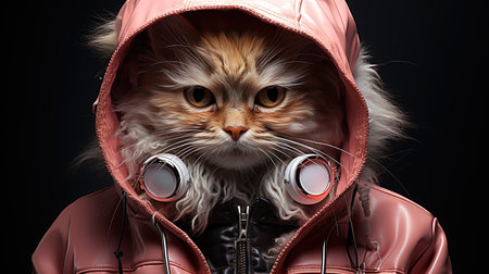 A cat dressed in a hip-hop style, complete with bling and a cap, strikes a pose. The 3D rendering is so realistic, you can see the details of the fur and the texture of the clothes. With its human-like posture and attitude, this feline is ready to take on the rap game.の素材