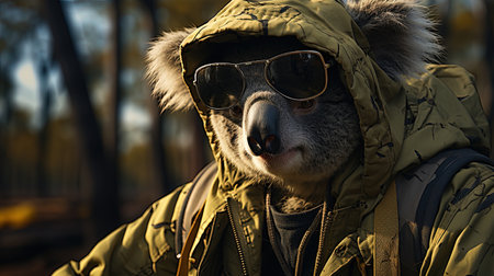 A digital masterpiece of a koala dressed as a rapper, featuring intricate details of human anatomy in 3D.の素材