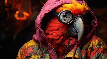 A colorful parrot dressed as a rapper, with intricate 3D details and a focus on human anatomy. The image is a playful take on the intersection of different cultures and styles, showcasing the creativity and diversity of the artistic world.の素材