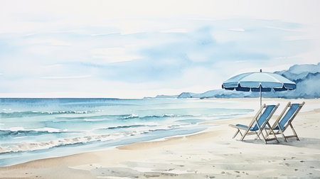 A beautiful digital image depicting a minimalist Italian beach at dusk, with soothing watercolor style and dark background. This image evokes a sense of serenity, making it perfect for use as a desktop or mobile wallpaper, or as a calming background for any digital project.の素材