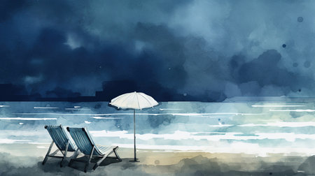 A beautiful digital image depicting a minimalist Italian beach at dusk, with soothing watercolor style and dark background. This image evokes a sense of serenity, making it perfect for use as a desktop or mobile wallpaper, or as a calming background for any digital project.の素材