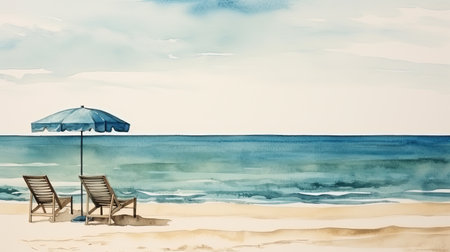 A beautiful digital image depicting a minimalist Italian beach at dusk, with soothing watercolor style and dark background. This image evokes a sense of serenity, making it perfect for use as a desktop or mobile wallpaper, or as a calming background for any digital project.の素材
