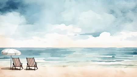 A beautiful digital image depicting a minimalist Italian beach at dusk, with soothing watercolor style and dark background. This image evokes a sense of serenity, making it perfect for use as a desktop or mobile wallpaper, or as a calming background for any digital project.の素材