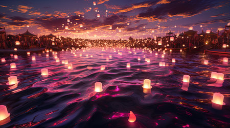 A beautiful and serene scene of lit candles floating in the water. The Japanese-inspired style mixed with the art of Tonga provides a unique and breathtaking view of the fleeting light contrasts.の素材