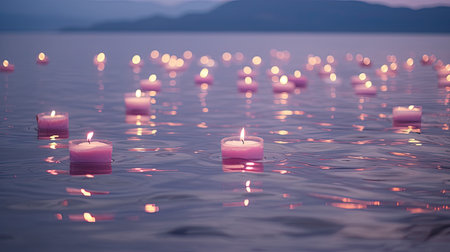A beautiful and serene scene of lit candles floating in the water. The Japanese-inspired style mixed with the art of Tonga provides a unique and breathtaking view of the fleeting light contrasts.の素材