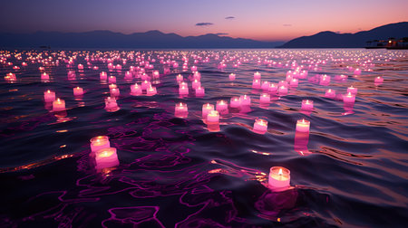 A beautiful and serene scene of lit candles floating in the water. The Japanese-inspired style mixed with the art of Tonga provides a unique and breathtaking view of the fleeting light contrasts.の素材