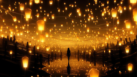 A beautiful and serene scene of lit candles floating in the water. The Japanese-inspired style mixed with the art of Tonga provides a unique and breathtaking view of the fleeting light contrasts.の素材
