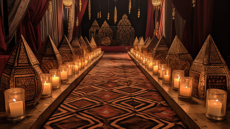 A beautiful and serene scene of lit candles floating in the water. The Japanese-inspired style mixed with the art of Tonga provides a unique and breathtaking view of the fleeting light contrasts.の素材