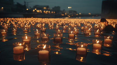 A beautiful and serene scene of lit candles floating in the water. The Japanese-inspired style mixed with the art of Tonga provides a unique and breathtaking view of the fleeting light contrasts.の素材