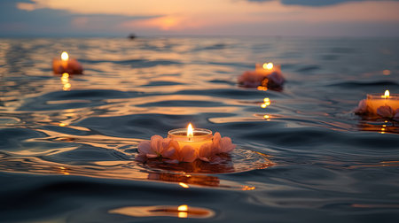 A beautiful and serene scene of lit candles floating in the water. The Japanese-inspired style mixed with the art of Tonga provides a unique and breathtaking view of the fleeting light contrasts.の素材